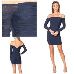 NWT Dress The Population Dawn Off-the-Shoulder Bodycon Ruched Tulle Mesh Dress S